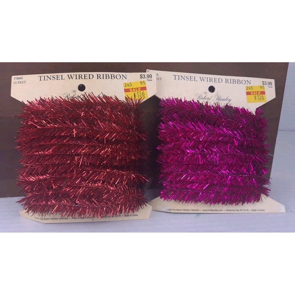 Tinsel Wired Ribbon Metallic Banded Edge Red And Pink 15 Feet Lot Of 2